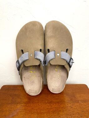 Birkenstock Papillo 37 Boston Suede Clogs in Tan Rare Gray-Blue Top Strap